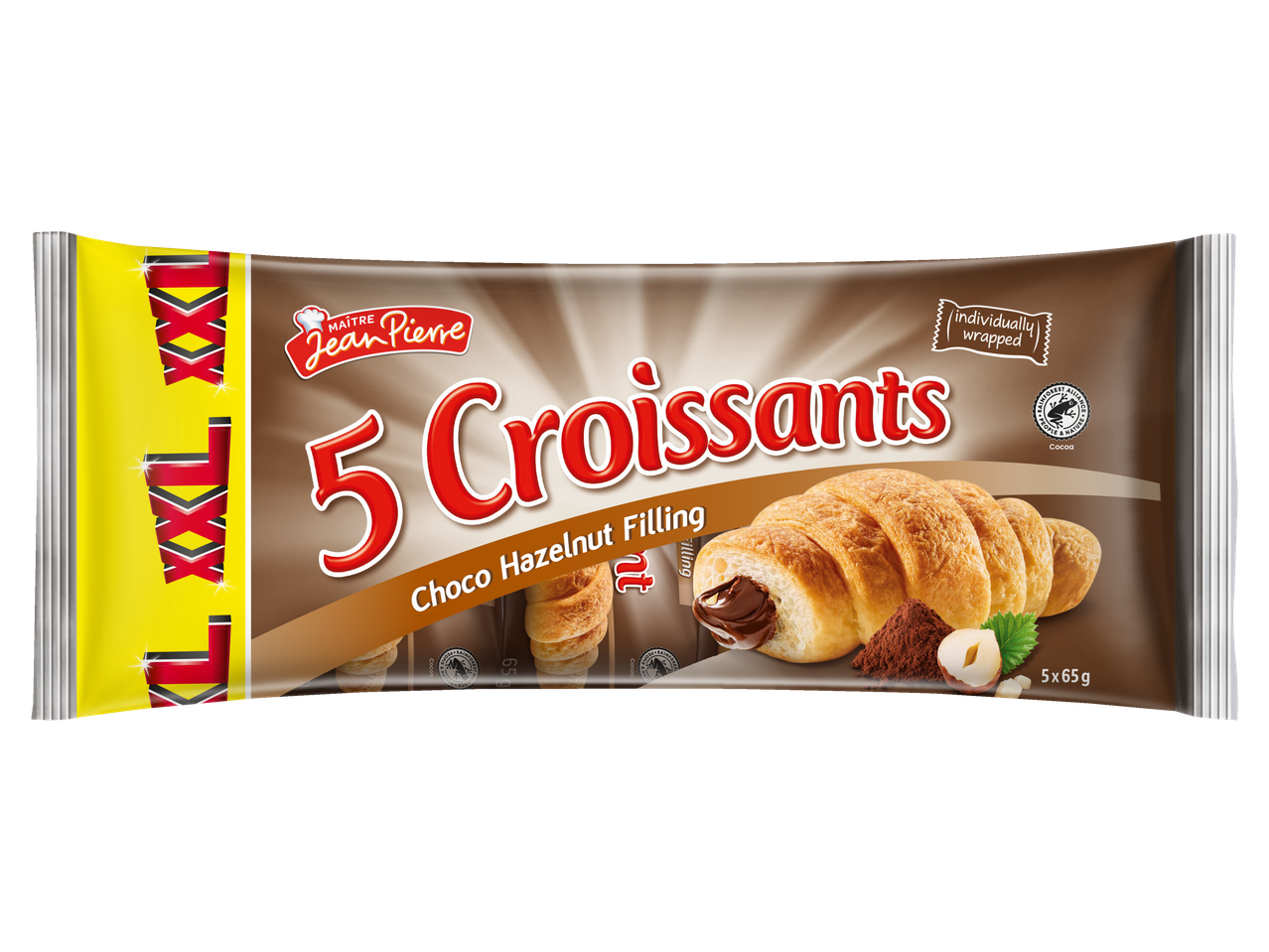5 individueel verpakte croissants van Jean Pierre met chocolade-hazelnootvulling.