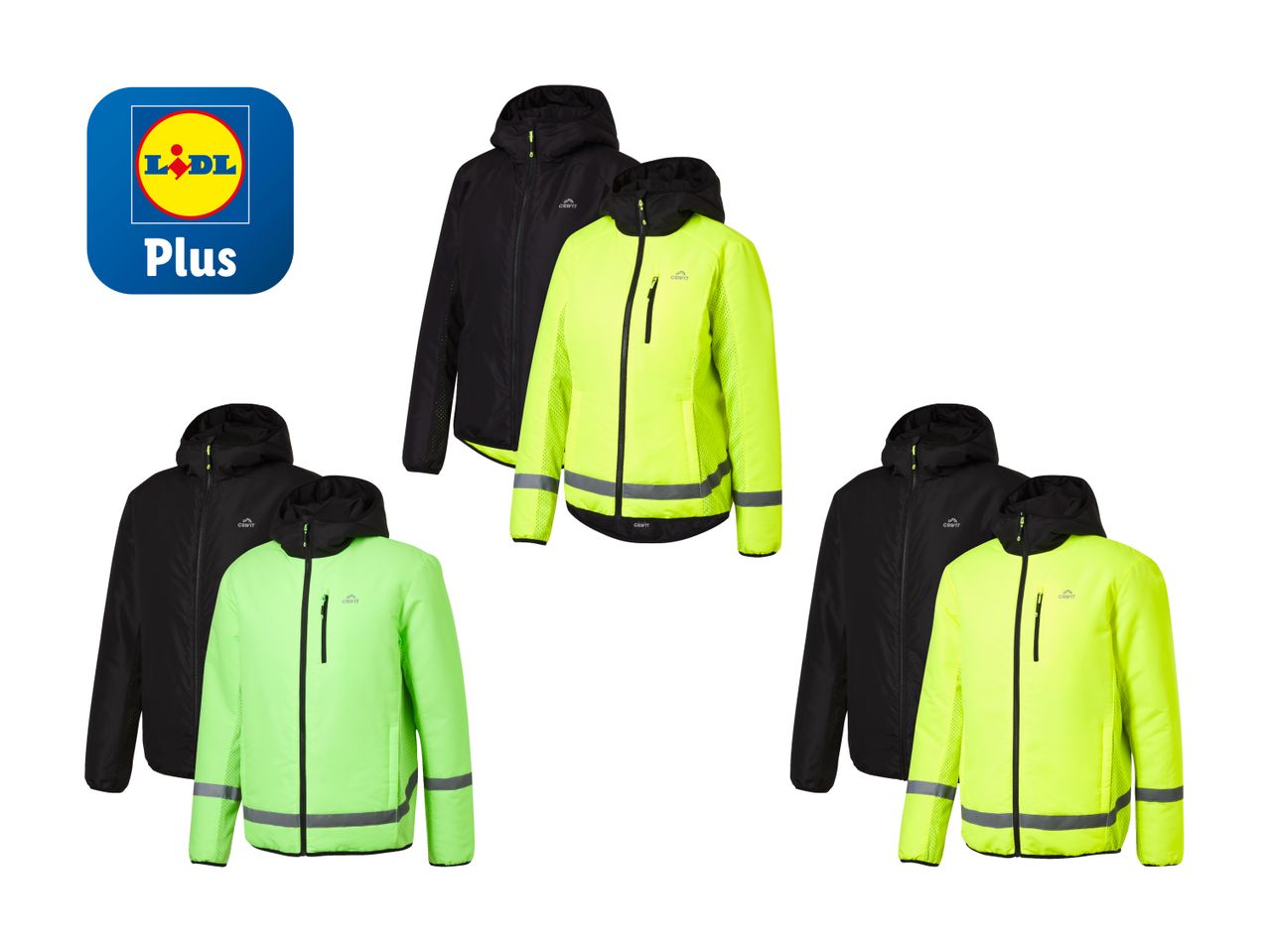 Vestes de sport Crivit Lidl Plus : modèles noirs et jaune fluo.