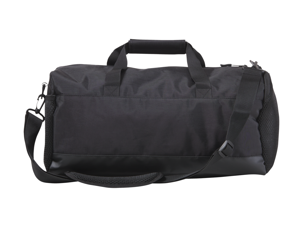 Sac de sport noir avec poignées et bandoulière, vue de face.