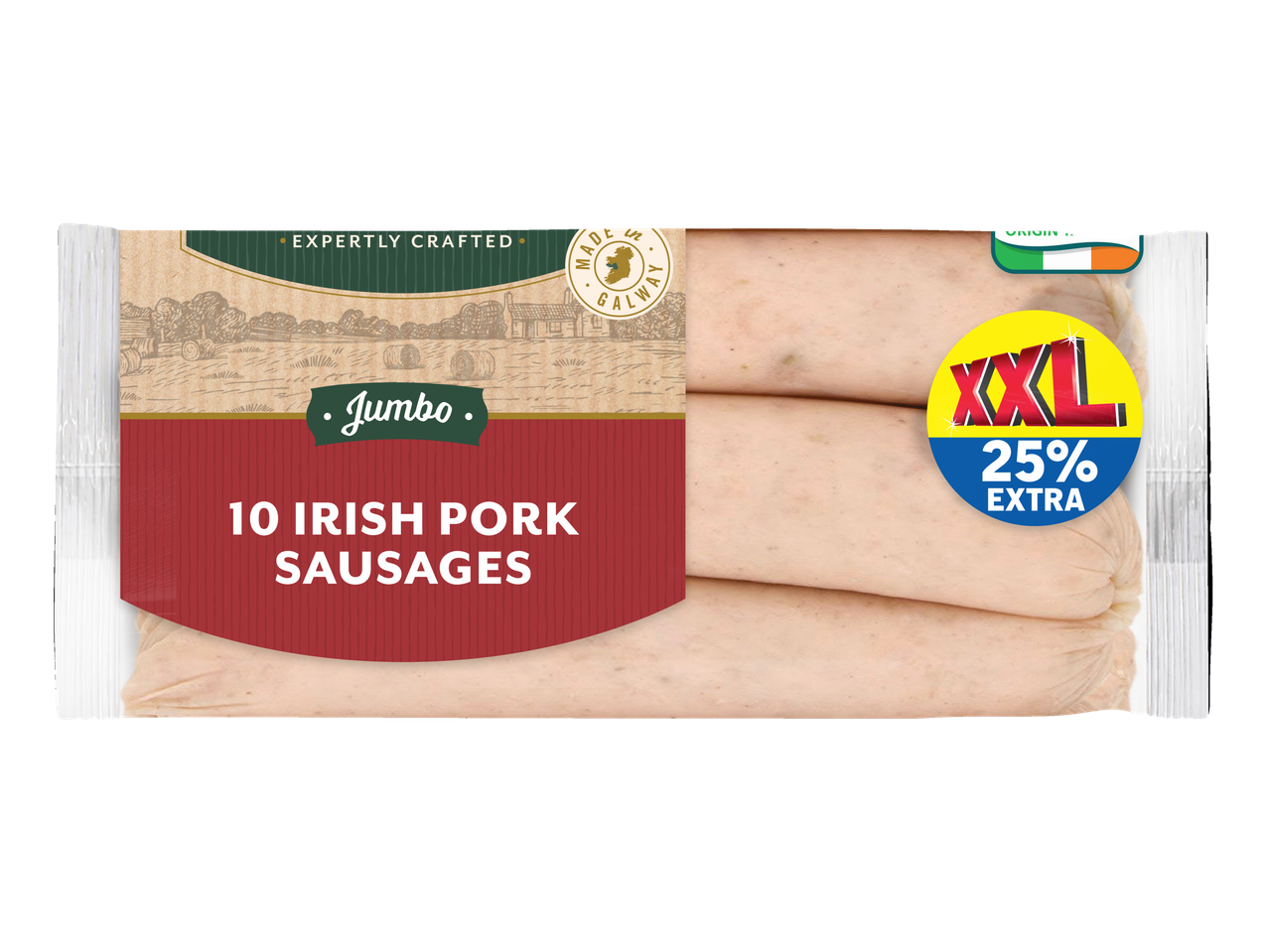 Package of 10 Jumbo Irish Pork Sausages, 25% extra.