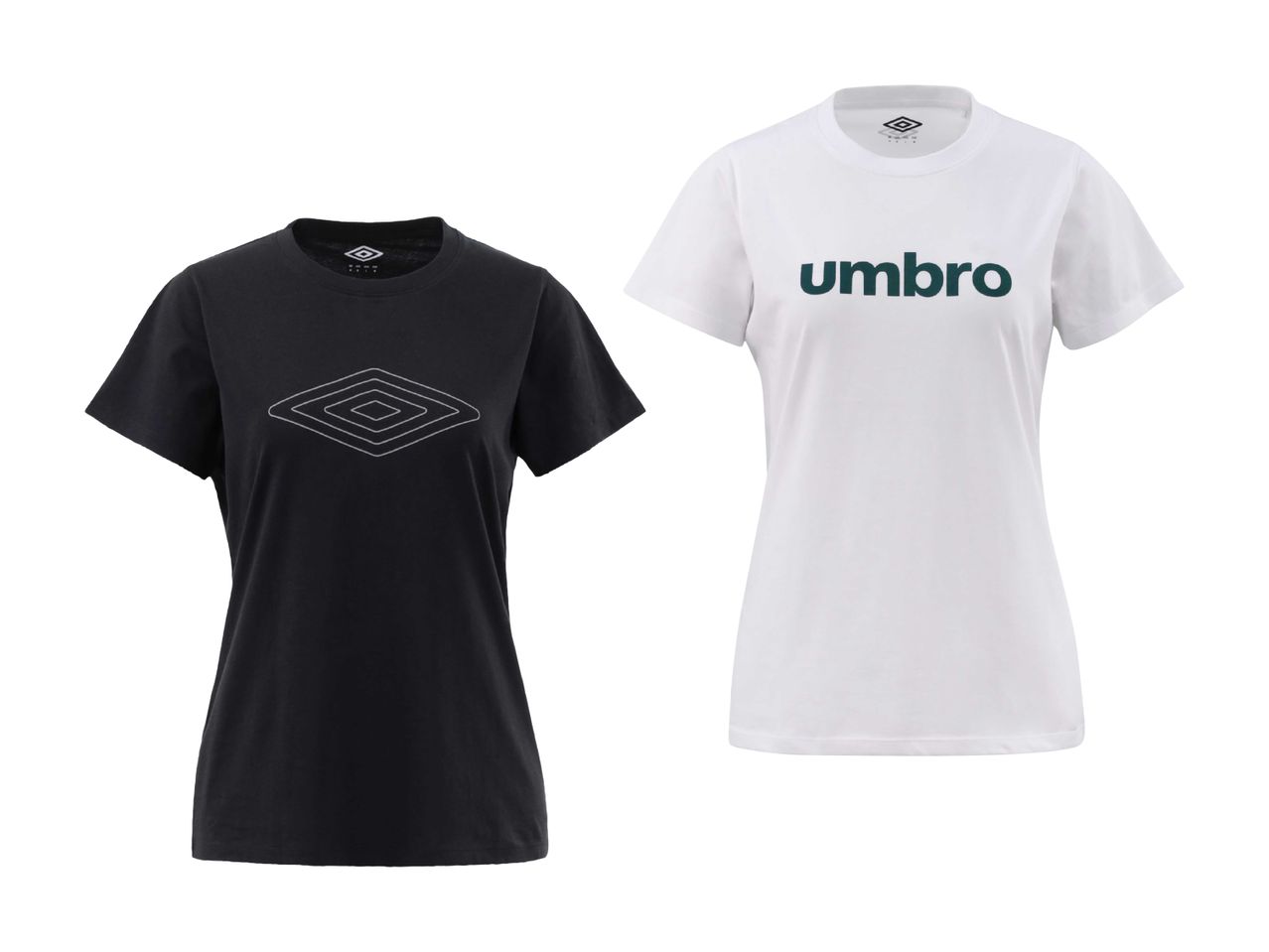 To t-shirts til kvinder, en sort med et diamantformet logo og en hvid med teksten 'umbro'.