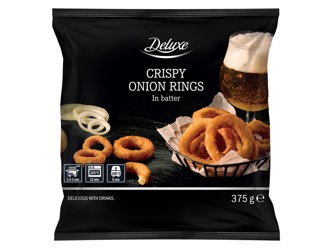 Deluxe krõbedad sibularõngad taignas, 375g pakend koos küpsetusjuhistega.