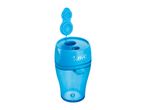 A blue BIC double-hole pencil sharpener with a removable cap.
