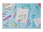 Colorful gel pens, notebooks, and stationery items like rulers and tape on a blue background.