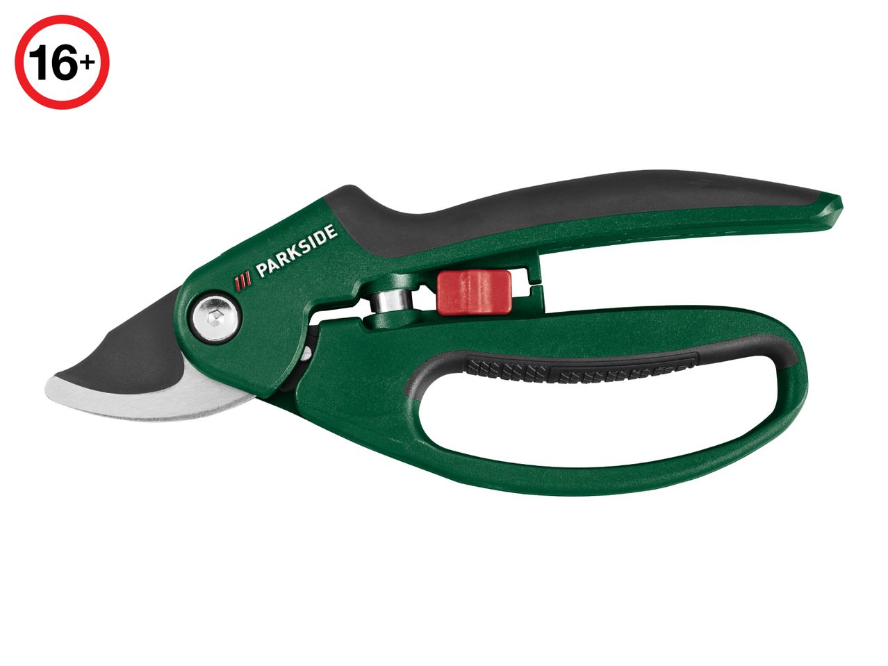 Green and black garden pruning shears with a red safety lock, marked 16+.