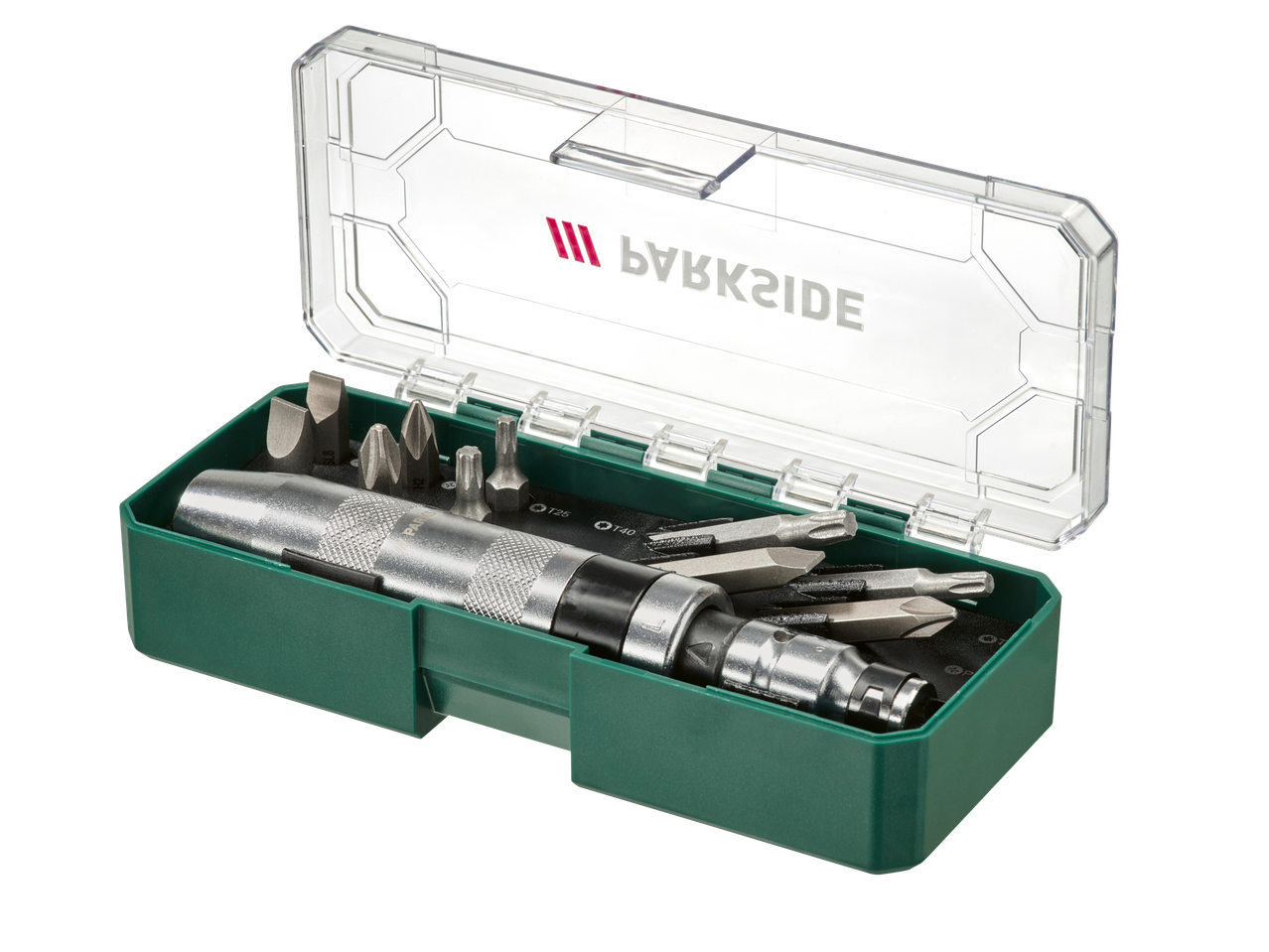 Parkside set vijačnih nastavkov z udarnim ročajem v zelenem ohišju.