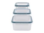 Stack of three clear square food storage containers with blue-grey lids.