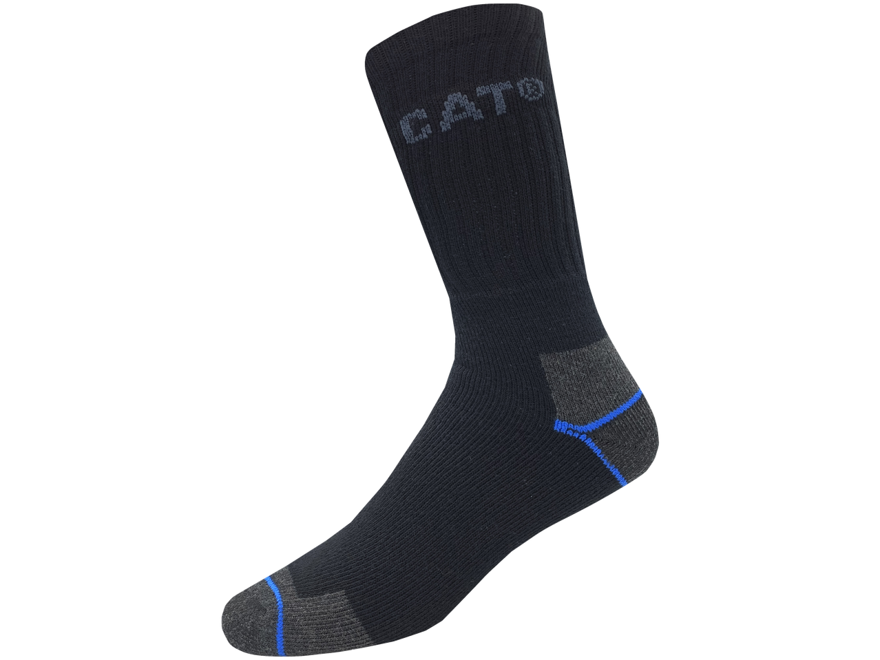 Zwarte CAT® COOLMAX® werksokken met blauwe strepen en grijze inzetstukken.