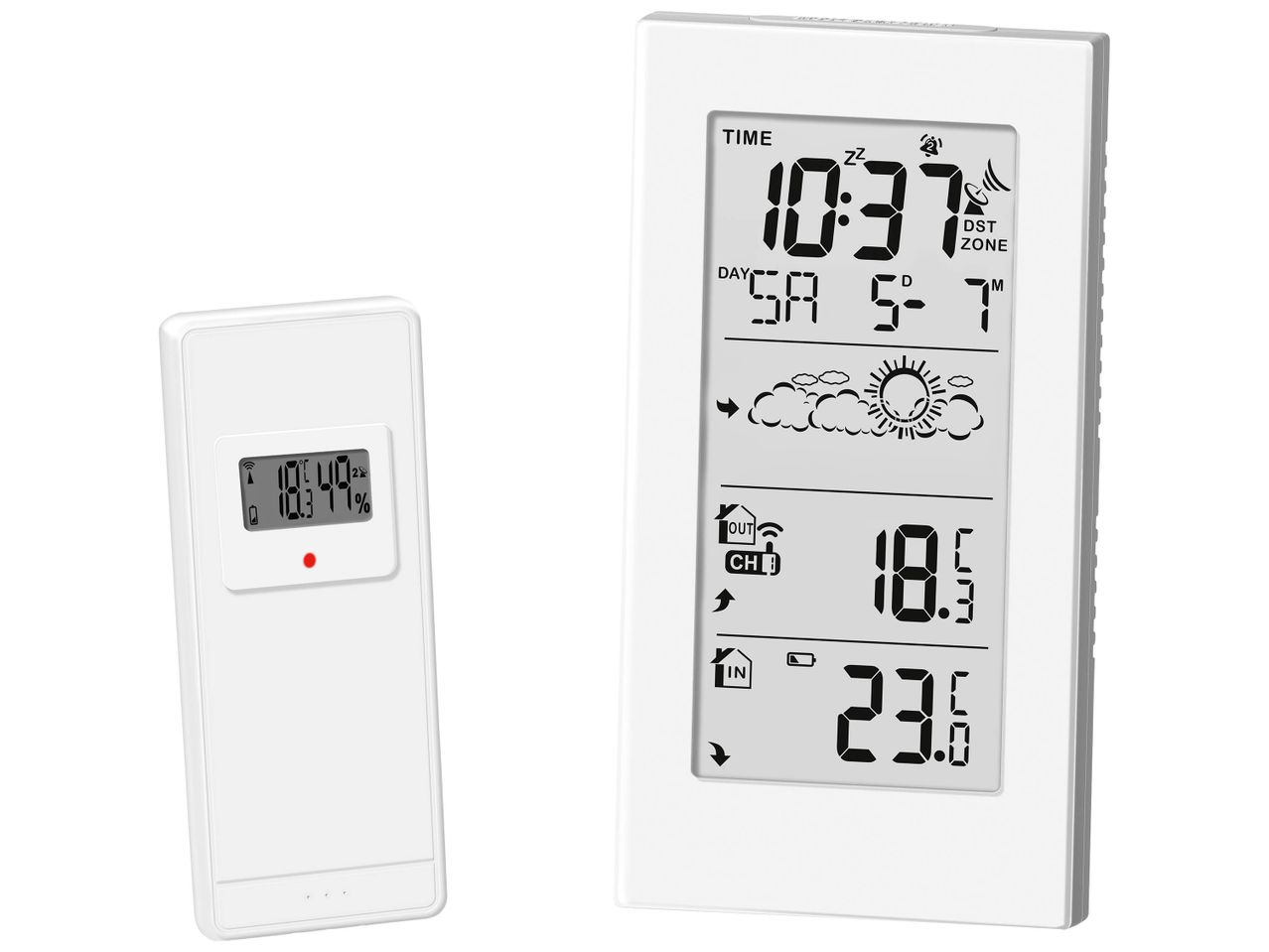Station météo sans fil avec écran LCD et capteur de température extérieur.