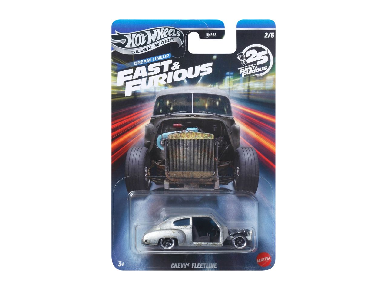 Hot Wheels Fast & Furious Chevy Fleetline toy car in packaging.