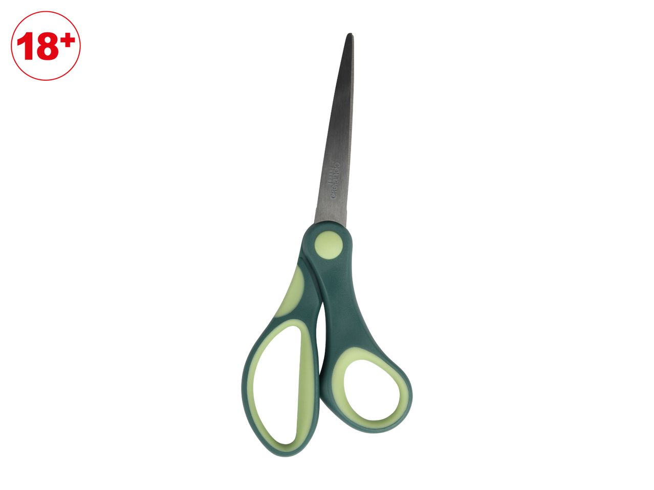 Green and light green scissors with an 18+ age restriction symbol