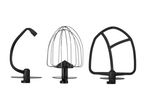 Three stand mixer attachments: a dough hook, a wire whisk, and a flat beater.