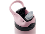 Närbild på en rosa vattenflaska med öppen svart och klar pip