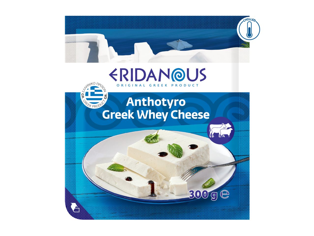 Packaging for Greek Whey Cheese, Anthotyro, with a serving on a plate, 300g.