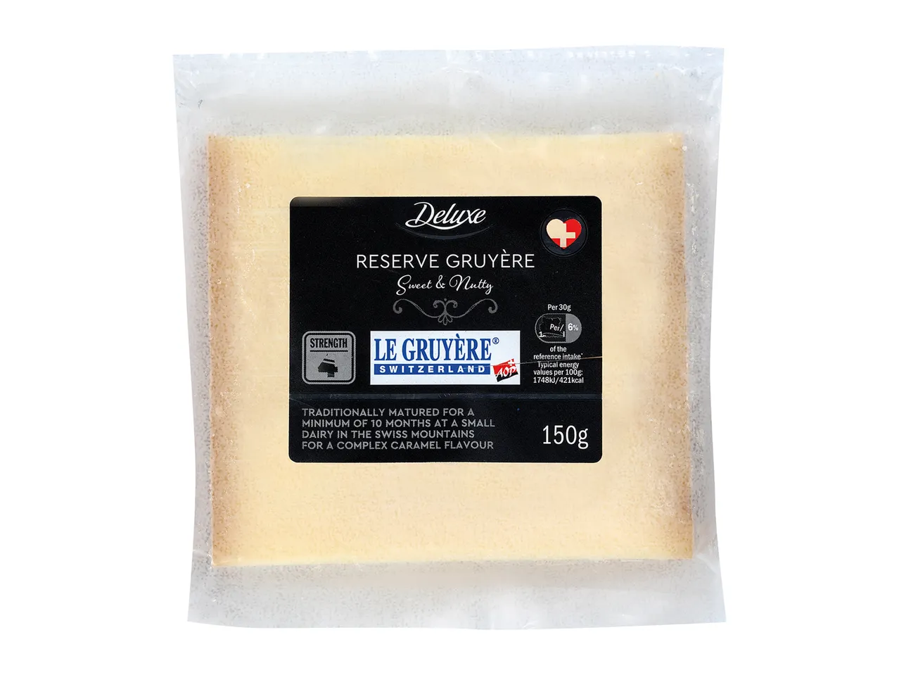 Le Gruyère Swiss cheese, sweet and nutty, packaged.