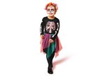 A young girl in a skeleton costume with a colorful tutu and flower crown, smiling.