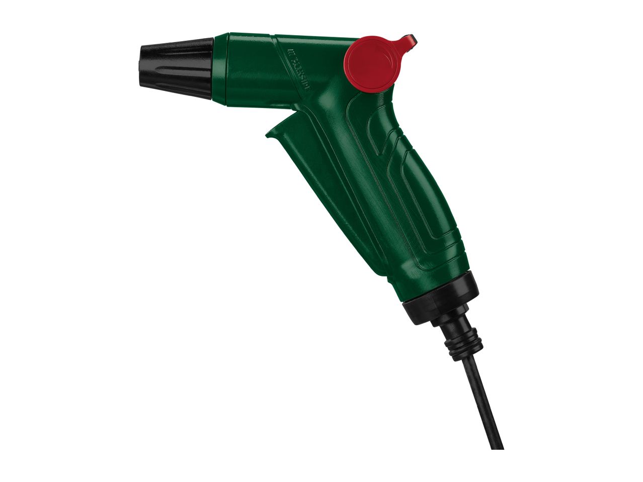 Green garden spray gun with a red button and black nozzle, connected to a black hose.
