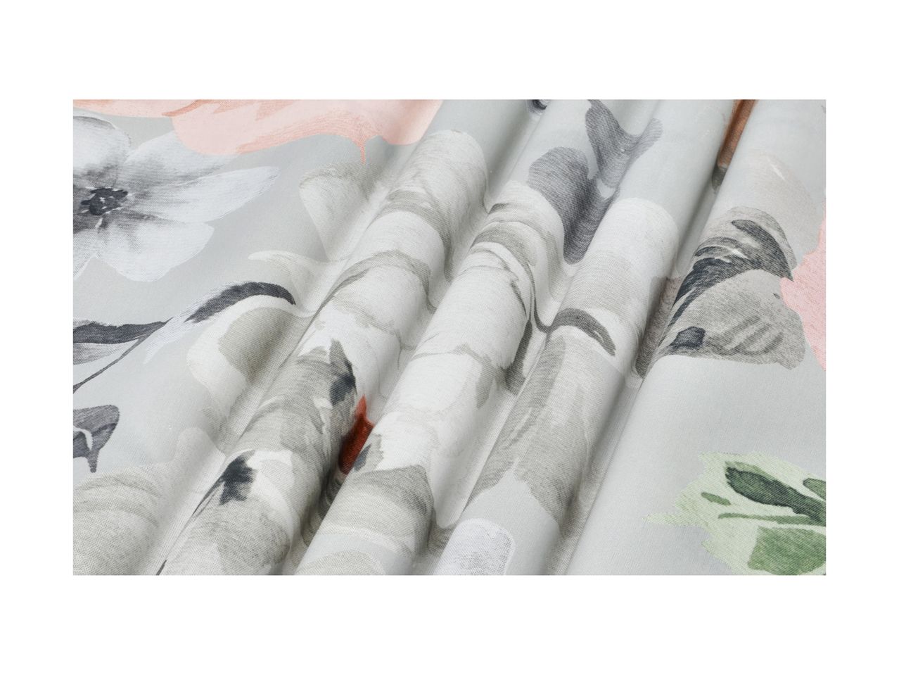 Floral patterned fabric with grey, pink, and green watercolor-style flowers.