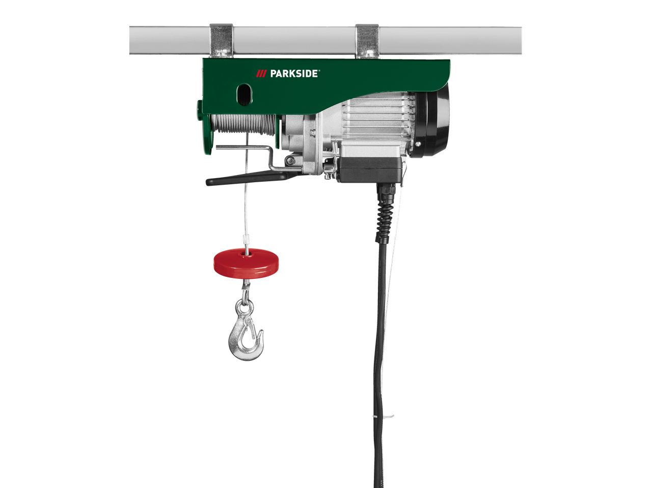 Parkside electric hoist with hook and magnetic brake.