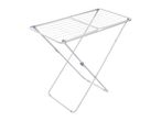 A white foldable clothes drying rack with a mesh top.