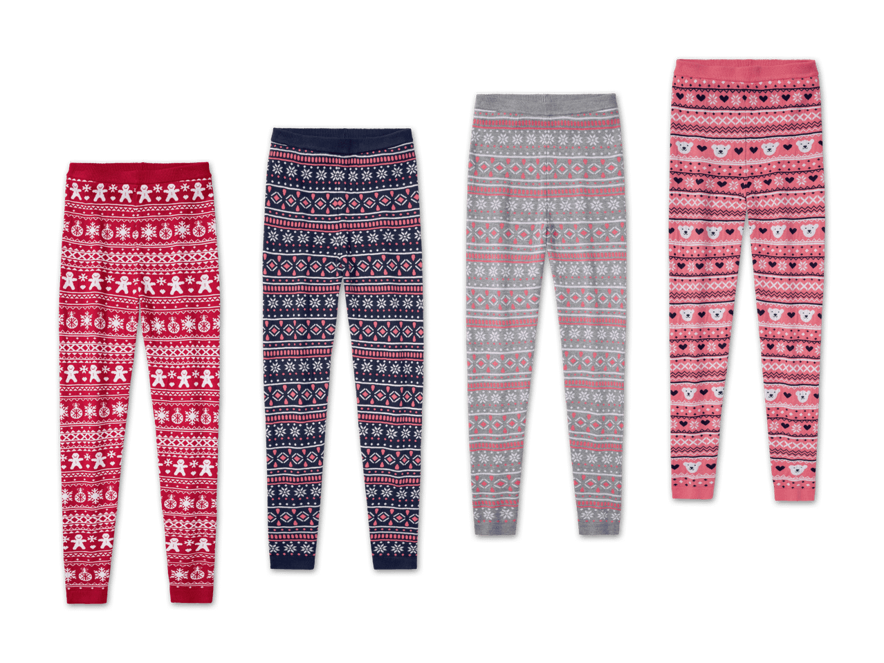 Vier Kinder-Leggings mit Weihnachtsmotiven: Lebkuchenmänner, Schneeflocken und Eisbären.