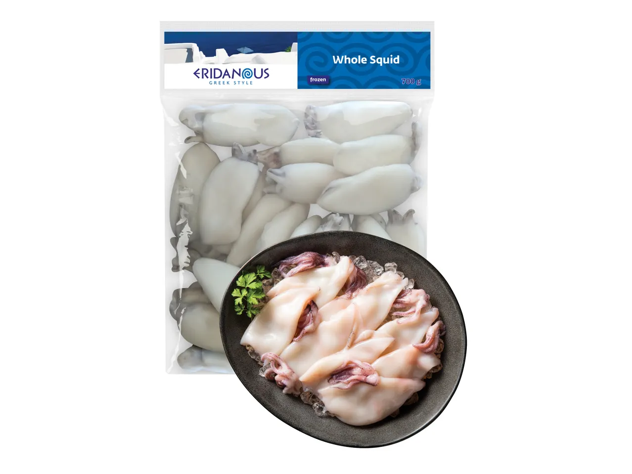 Zamrznjeni celoviti lignji Eridanus Greek Style, 700 g, pakirani v vrečki in pripravljeni za uporabo.