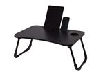 Black portable lap desk with a tablet, smartphone, and cup holder.