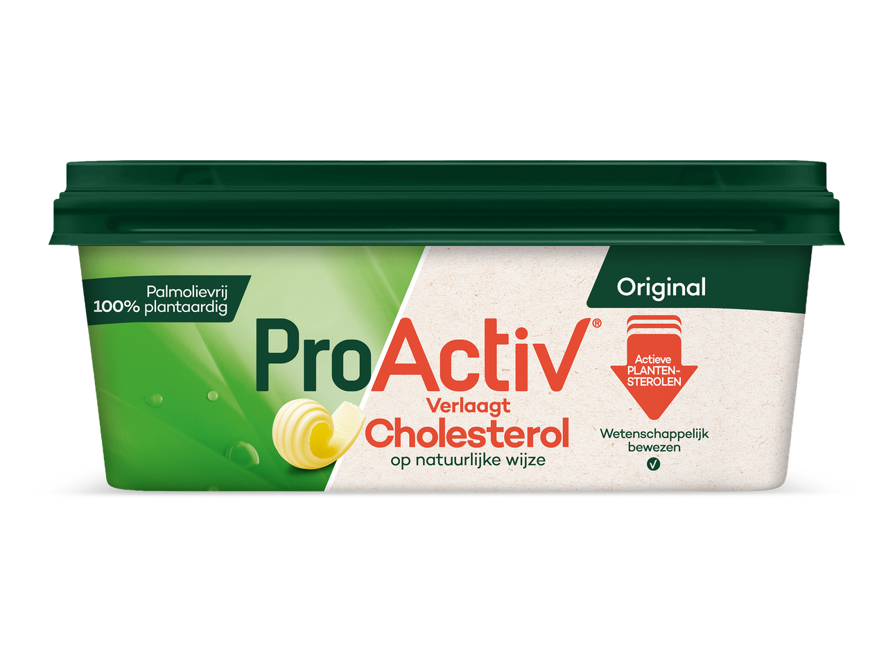 Een kuipje margarine met een groen deksel, met de tekst 'Verlaagt Cholesterol' en '100% plantaardig'.