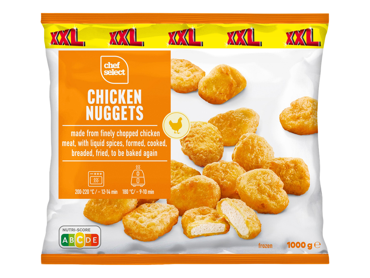 XXL csirke nuggets csomagolás, Nutri-Score A jelöléssel és elkészítési útmutatóval.