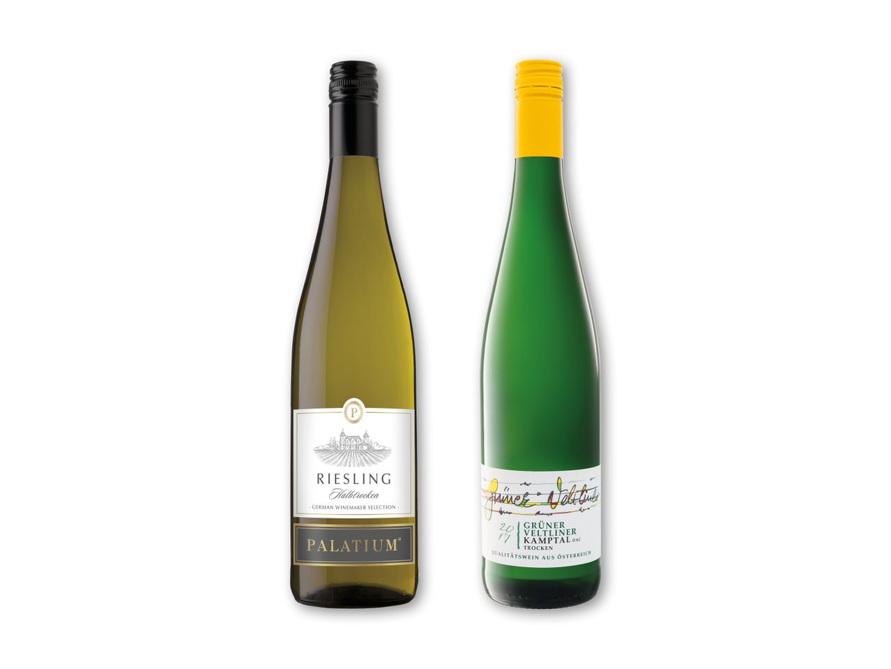 To flasker hvidvin, en Riesling og en Grüner Veltliner.