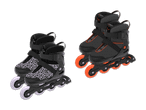 Zwei Paar schwarze Inline-Skates mit orangefarbenen und grauen Details.