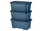 Three stackable plastic storage boxes in dark blue.