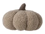 A plush, textured pumpkin decoration in a neutral beige color with a dark brown stem.
