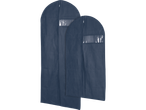Două huse de costum albastre închise, cu fermoare și ferestre transparente.