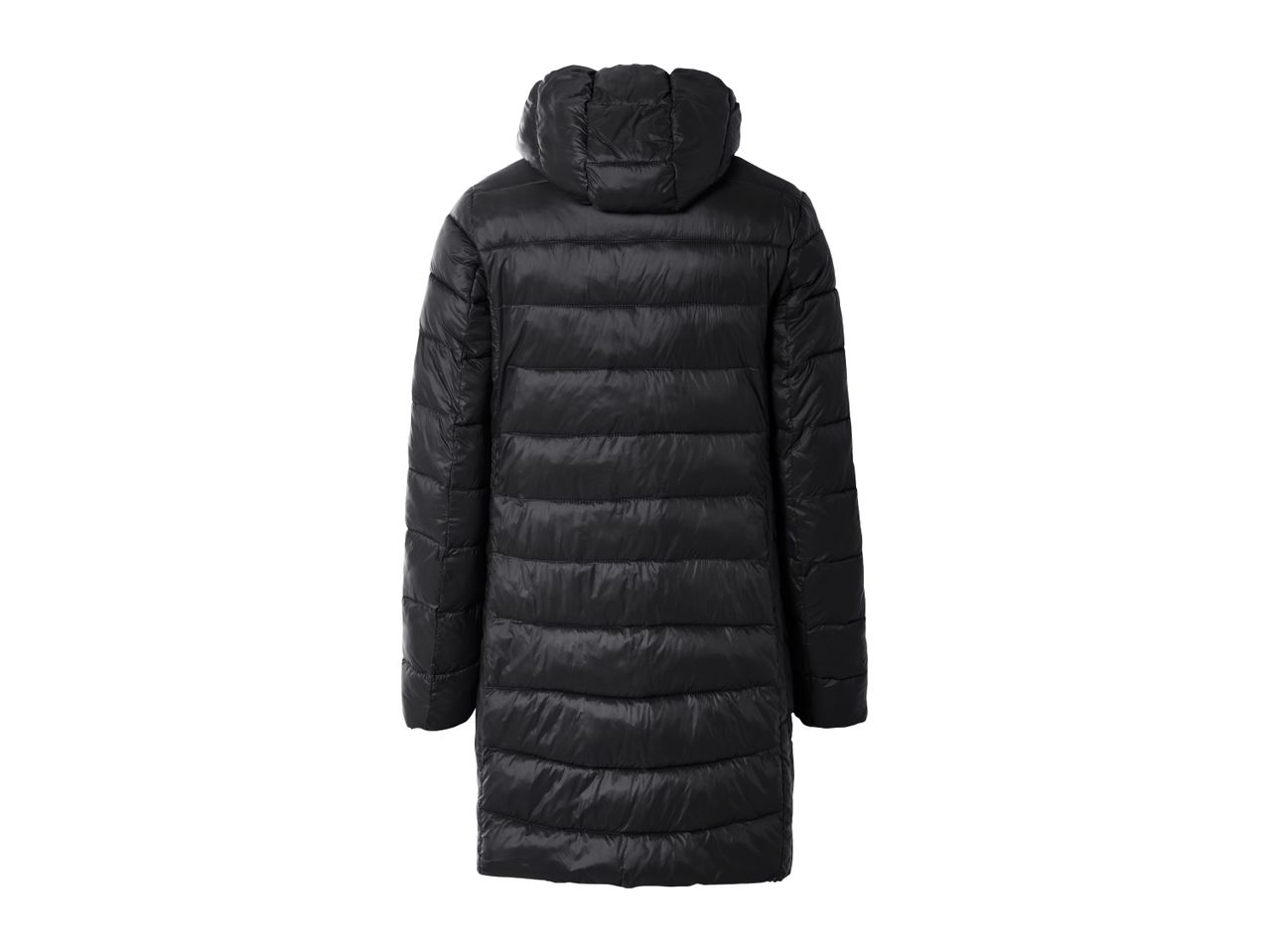 Back view of a black long puffer jacket with a hood