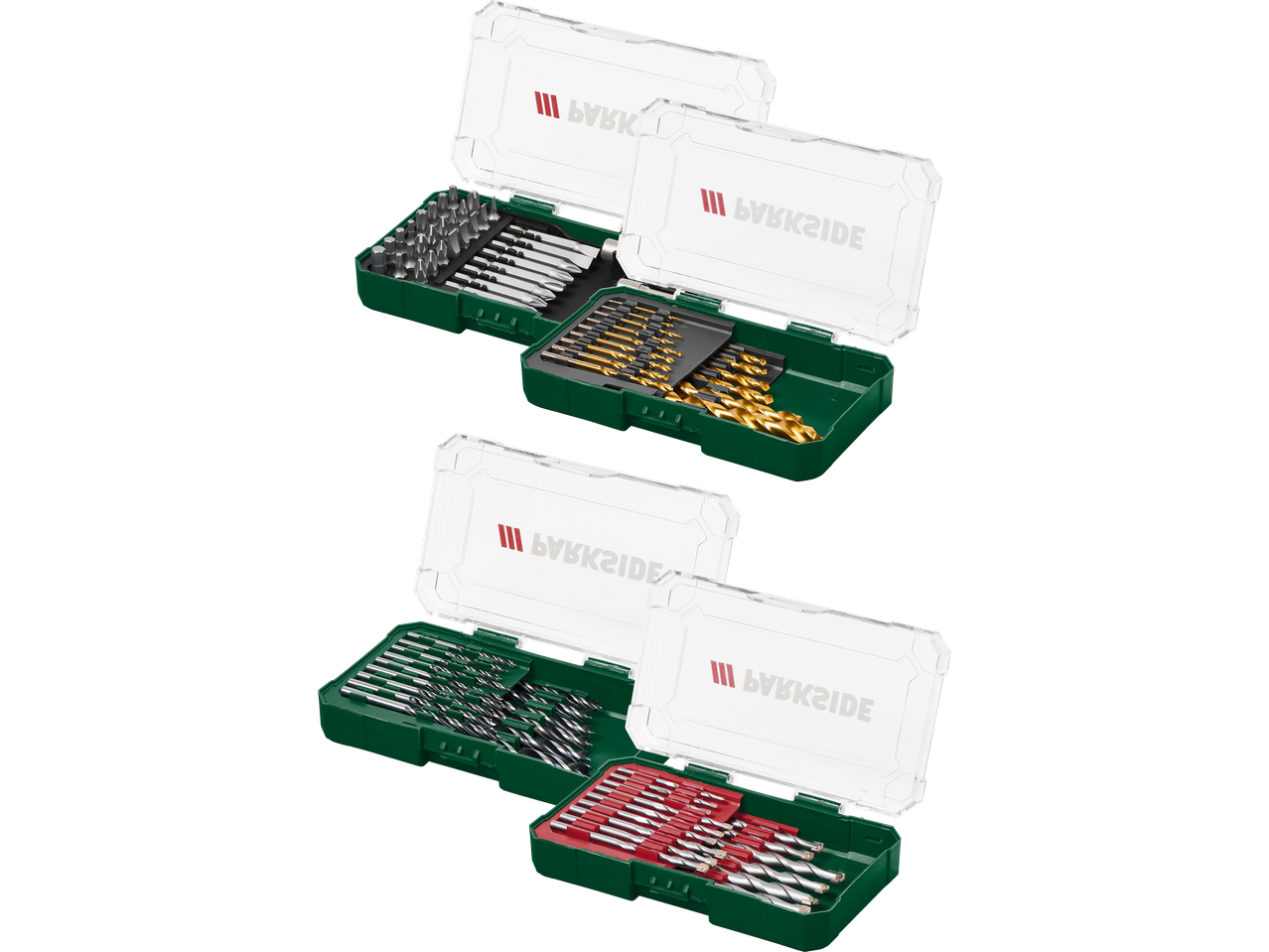 Två uppsättningar med borrsatser och bits i gröna förvaringslådor med transparenta lock.