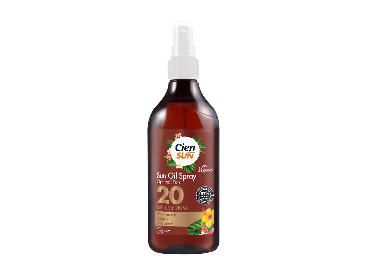 Sprej za sunčanje sa zaštitnim faktorom 20, obogaćen vitaminom E, za optimalno tamnjenje.