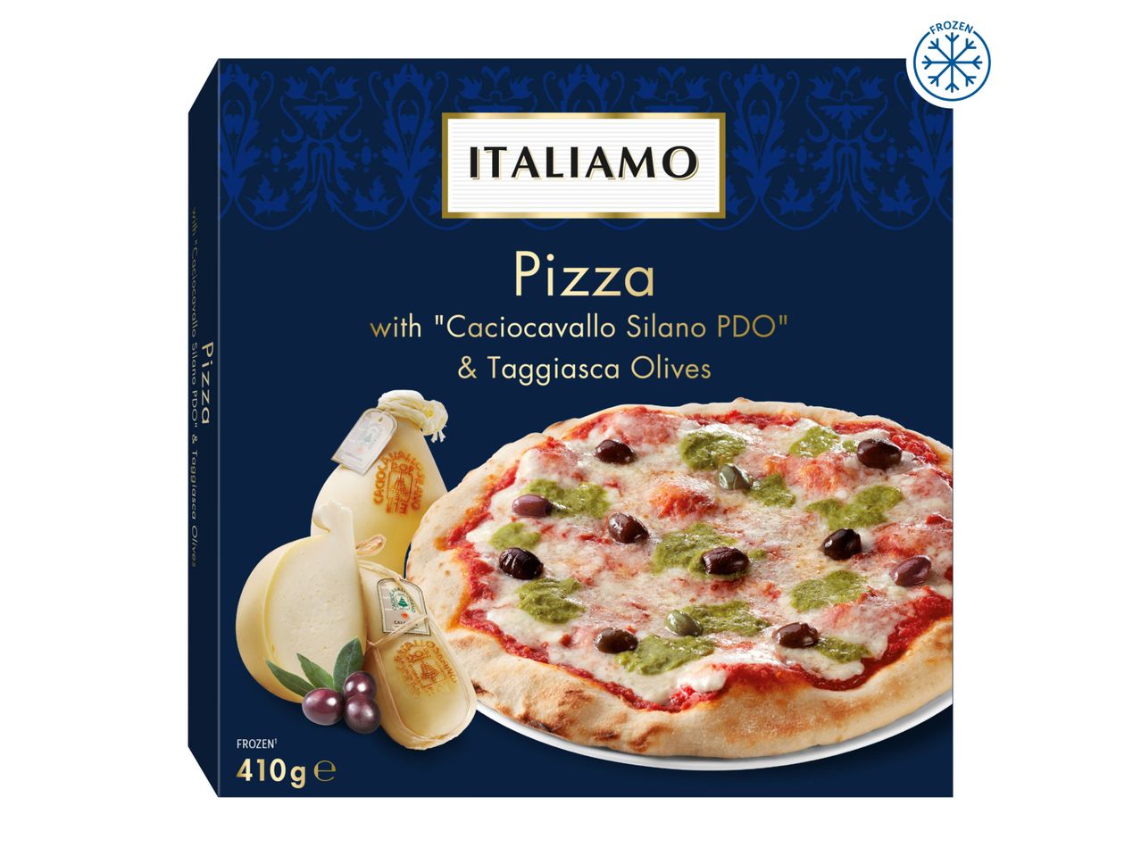 A frozen pizza box featuring a pizza with Caciocavallo Silano PDO cheese and Taggiasca olives.