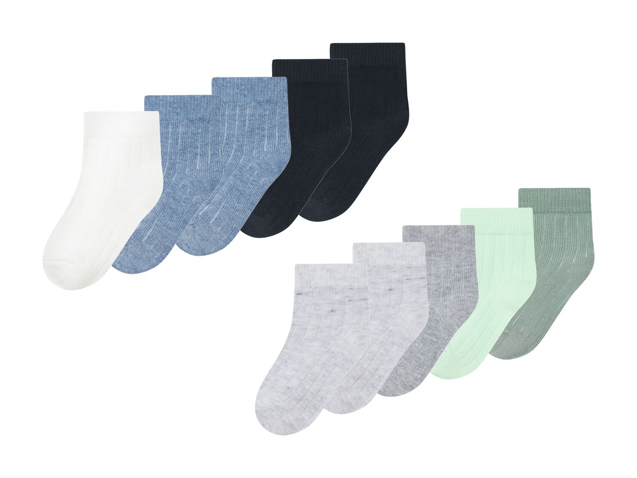 12 Paar kurze Babysocken in verschiedenen Pastelltönen.