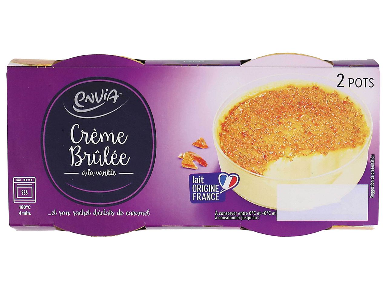 Crème brûlée Envia à la vanille, 2 pots, avec caramel.
