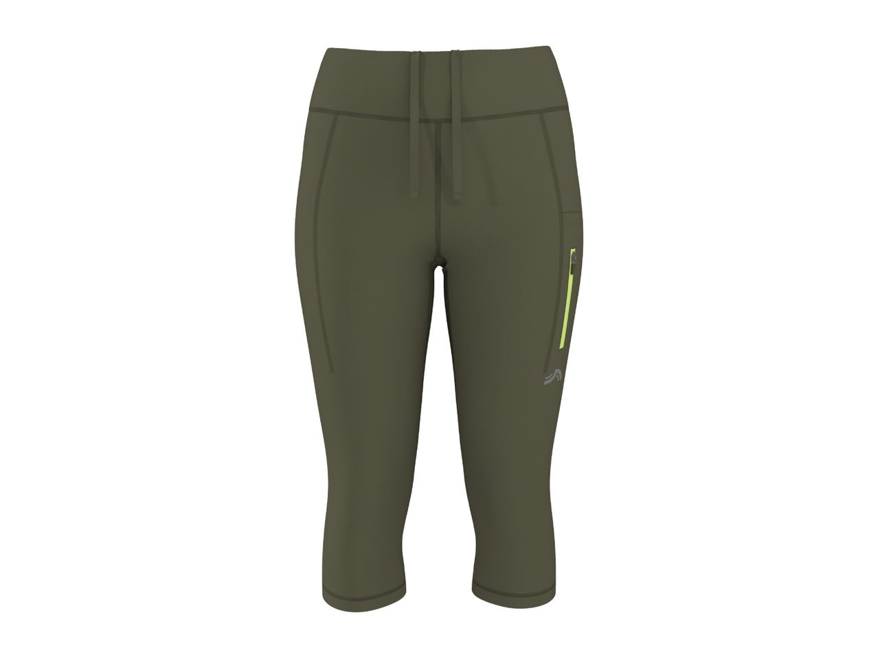 Khaki green women's cropped sports leggings with a drawstring waist and a side zip pocket.