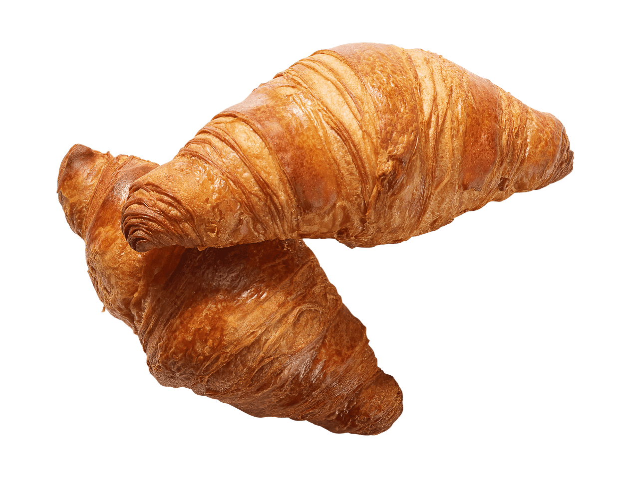 Zwei goldbraune, knusprige Croissants auf schwarzem Hintergrund.