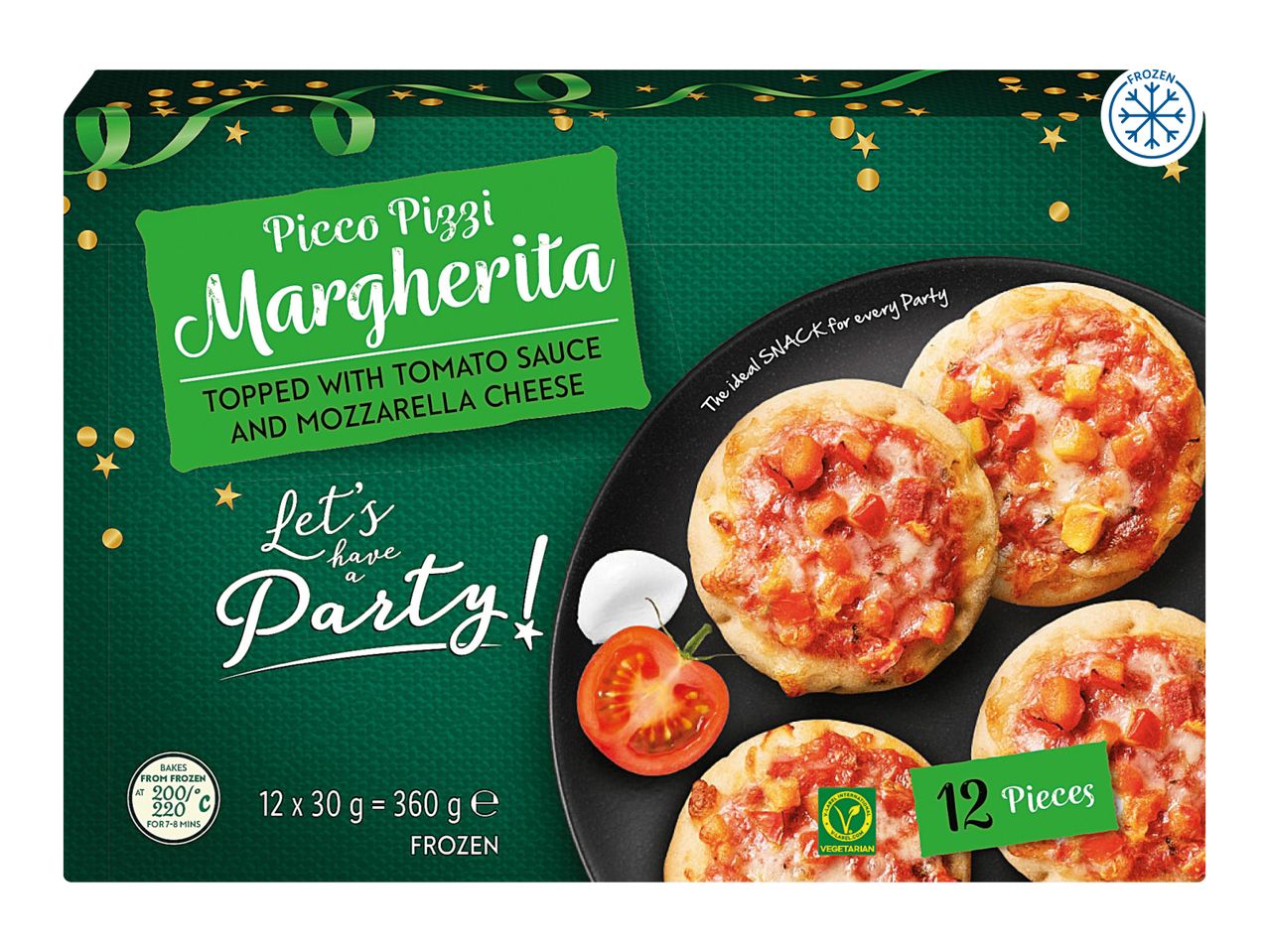 Picco Pizzi Margherita mini pizzas, frozen, with tomato sauce and mozzarella cheese, 12 pieces.