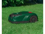 Green McCulloch robotic lawn mower on grass.