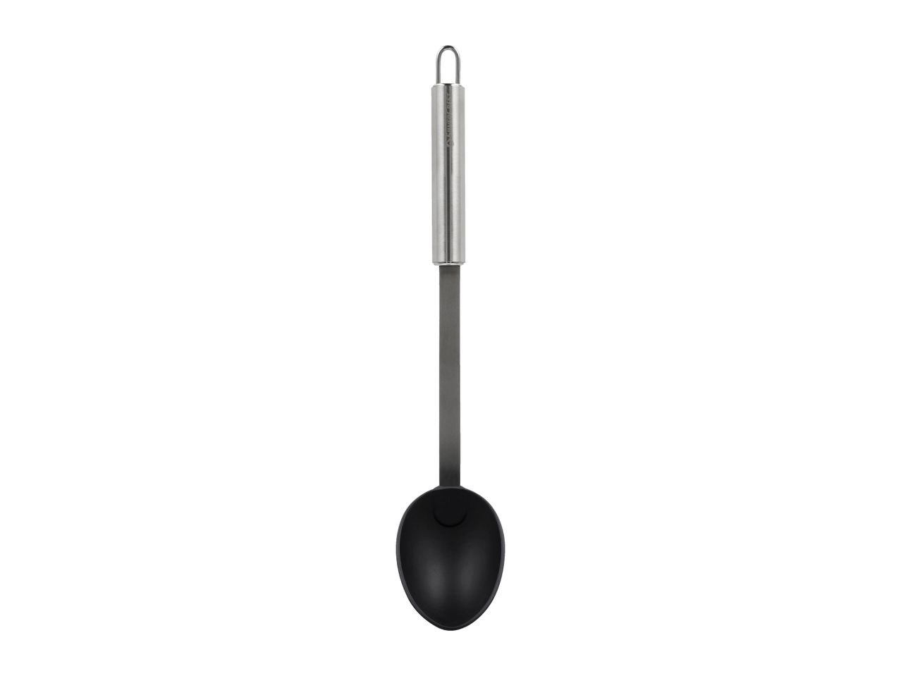 Black serving spoon with a stainless steel handle
