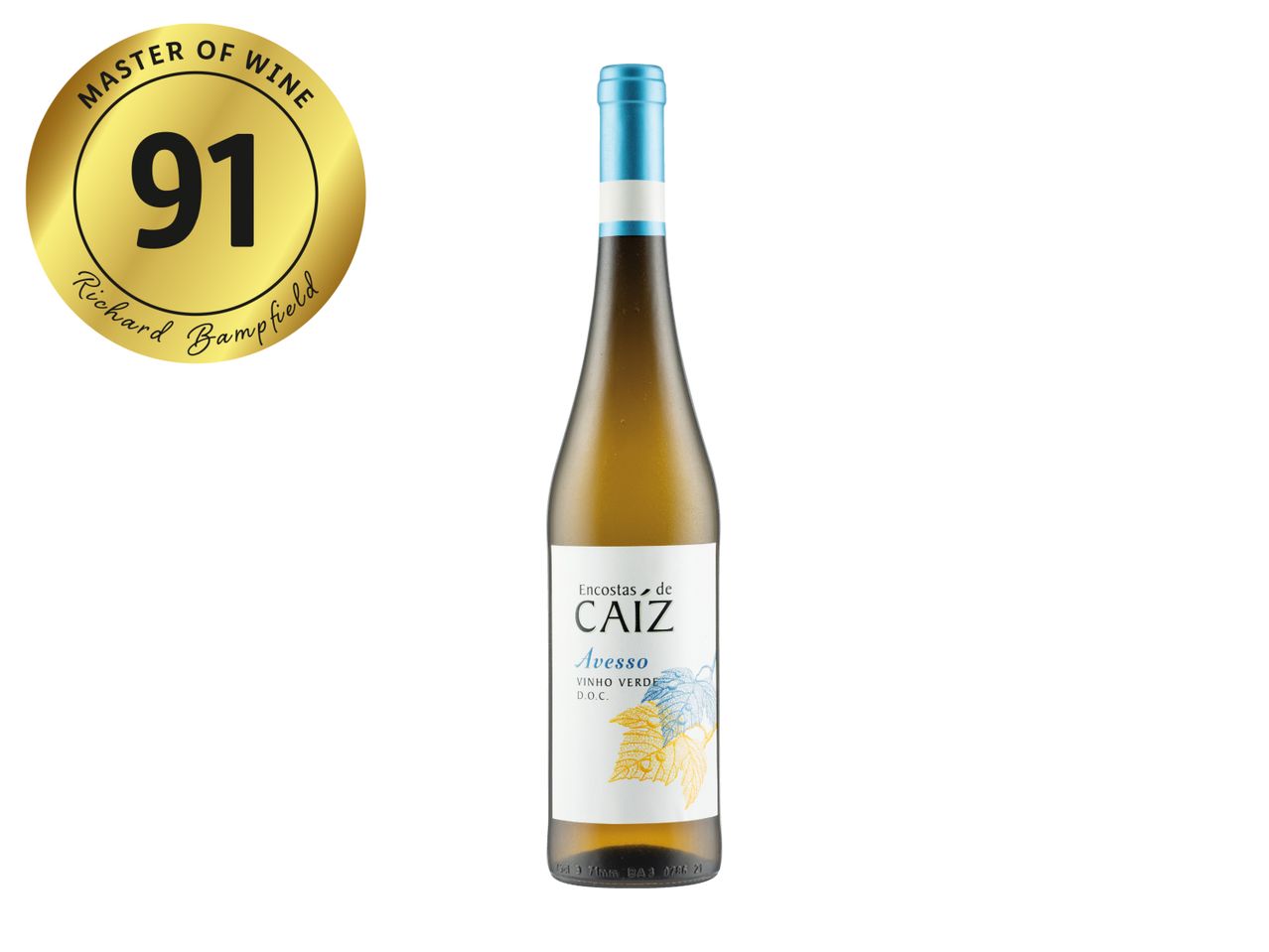 White wine bottle with a gold 91-point rating seal from a Master of Wine.