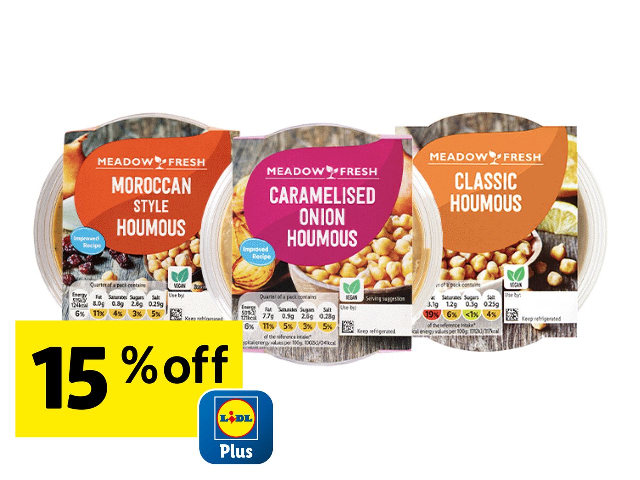 Three Meadow Fresh houmous tubs (Moroccan, Caramelised Onion, Classic) with a 15% off Lidl Plus offer.