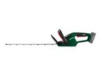 Cordless hedge trimmer with a long blade and a dark green body with black and red accents