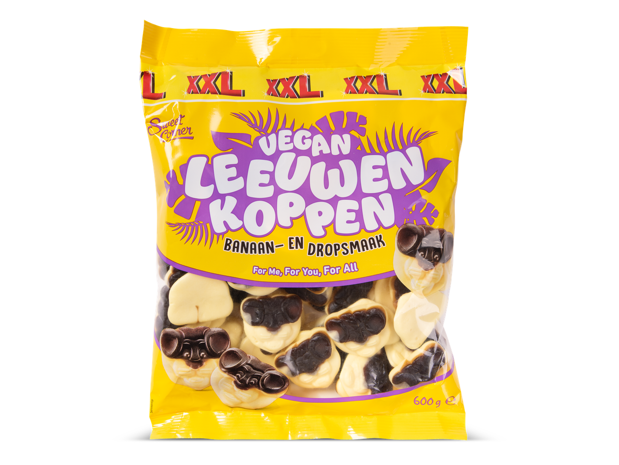 Een zak veganistische leeuwenkoppen met banaan- en dropsmaak, 600g.