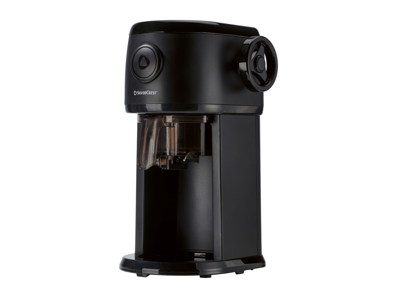 Black electric coffee grinder with a transparent bean hopper and a grinding adjustment dial.
